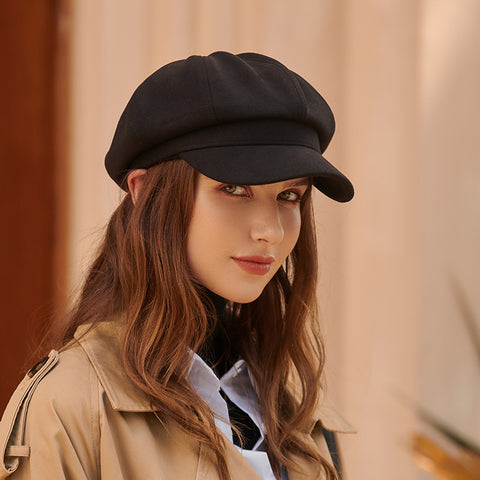 Beret women's autumn and winter warm winter hat solid color octagonal cap all-match peaked cap