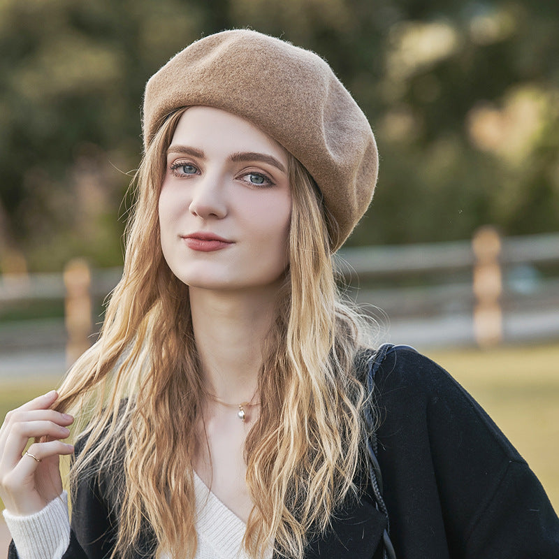 Autumn Winter Vintage Women's Wool Beret French Style Solid Color Large Diameter Wool Painter Hat