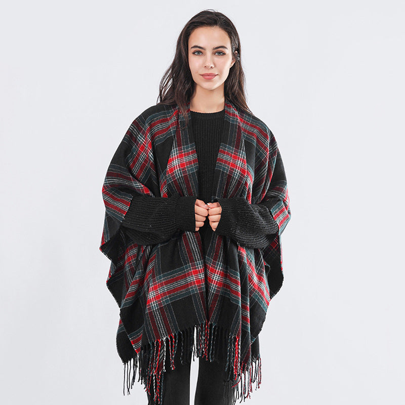 Ladies Scarf Autumn Winter Cashmere Plaid Tassel Slit Shawl Imitation Cashmere