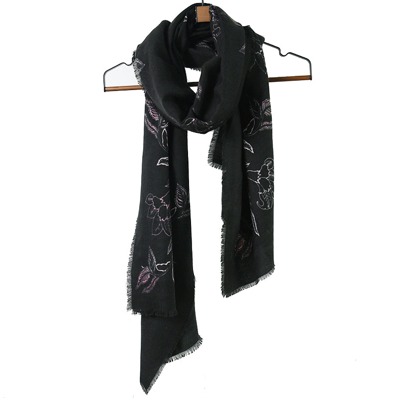 Winter shawl Women's black cashmere scarf Vintage printing tassel flower shawl woven