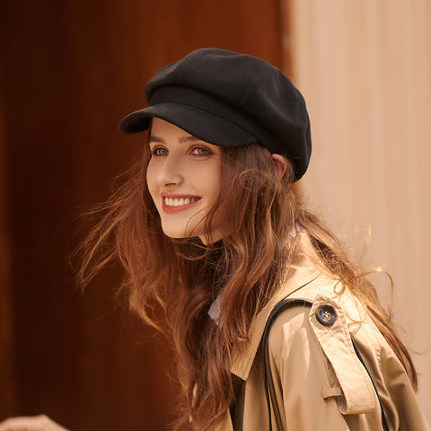 Beret women's autumn and winter warm winter hat solid color octagonal cap all-match peaked cap
