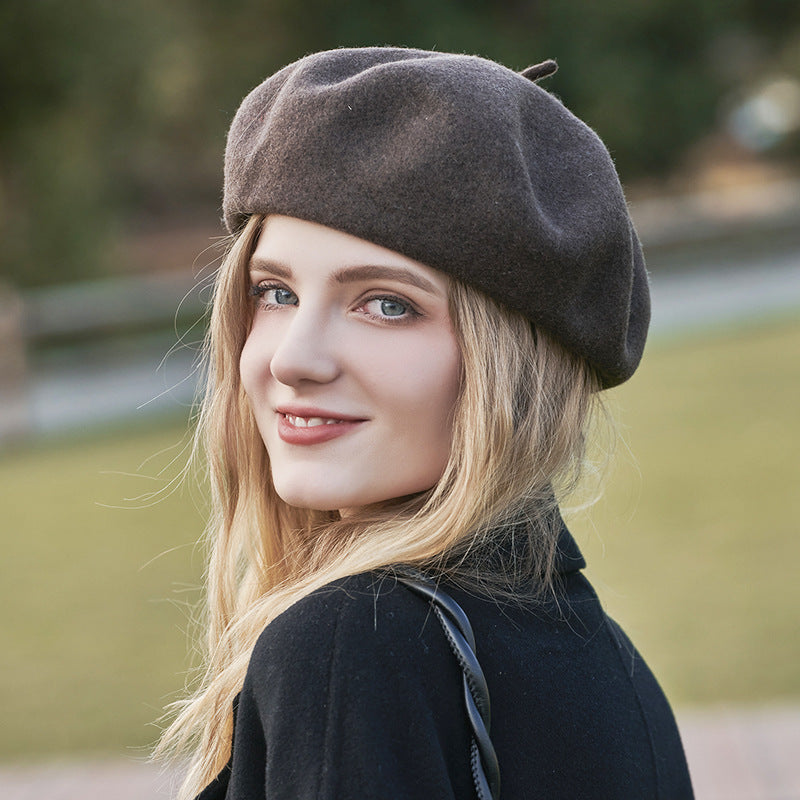 Autumn Winter Vintage Women's Wool Beret French Style Solid Color Large Diameter Wool Painter Hat