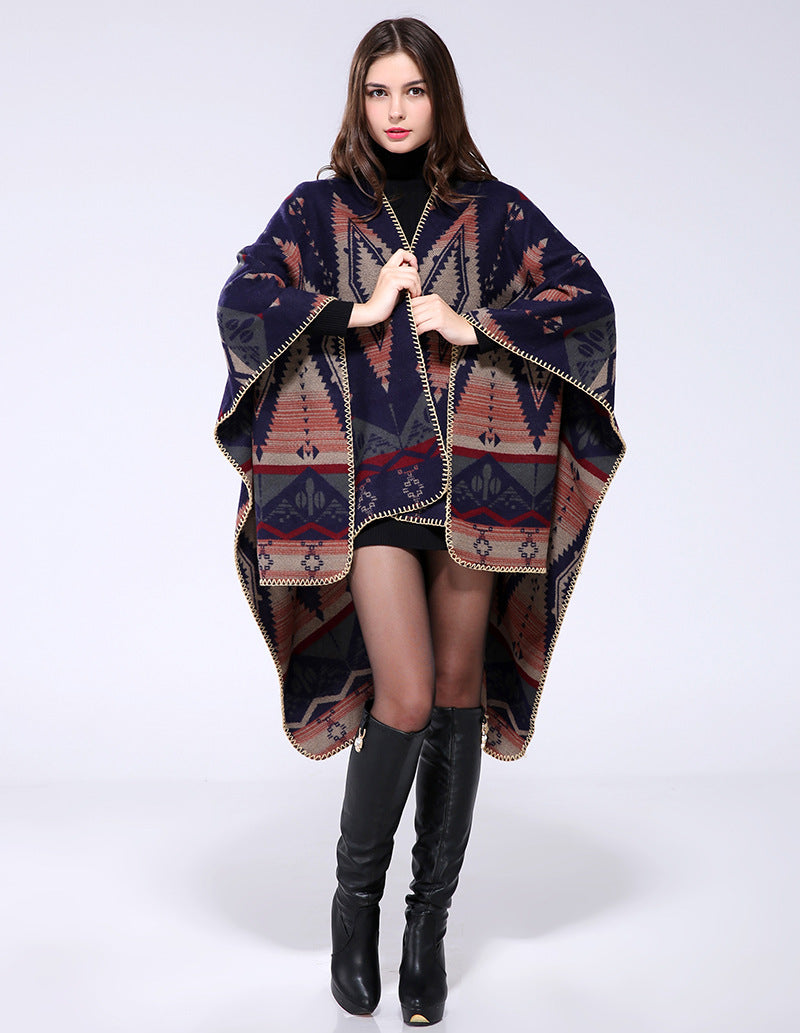 Geometric diamond thickened cashmere like national style travel split cape cape