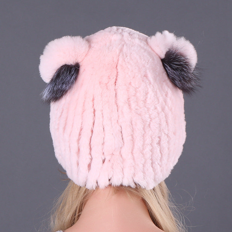 Fur hat knitting women's winter thickening warm ear protection bag head cat ear hat pink