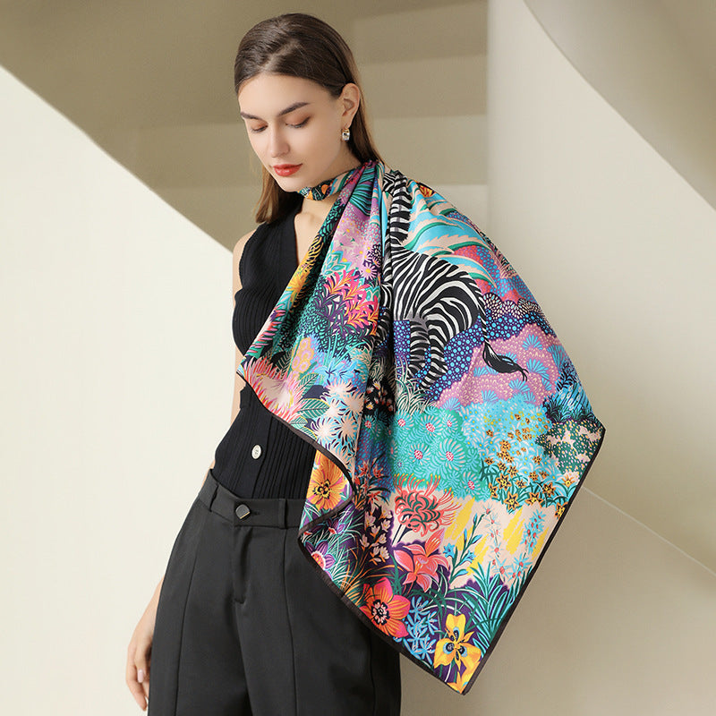 Plant flower simulation silk scarf feminine temperament wild 90 large square scarf zebra print scarf headband