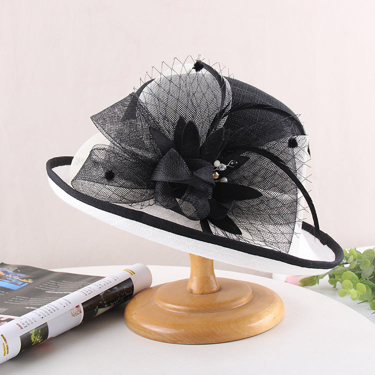 Ladies Hepburn Black & White Curly Top Hat Linen Elegant Flowers Fashion Hat Summer Sunscreen Visor 2 Pack