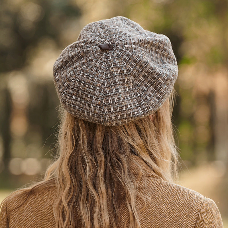 Houndstooth octagonal hat warm all-match painter hat retro autumn and winter beret women