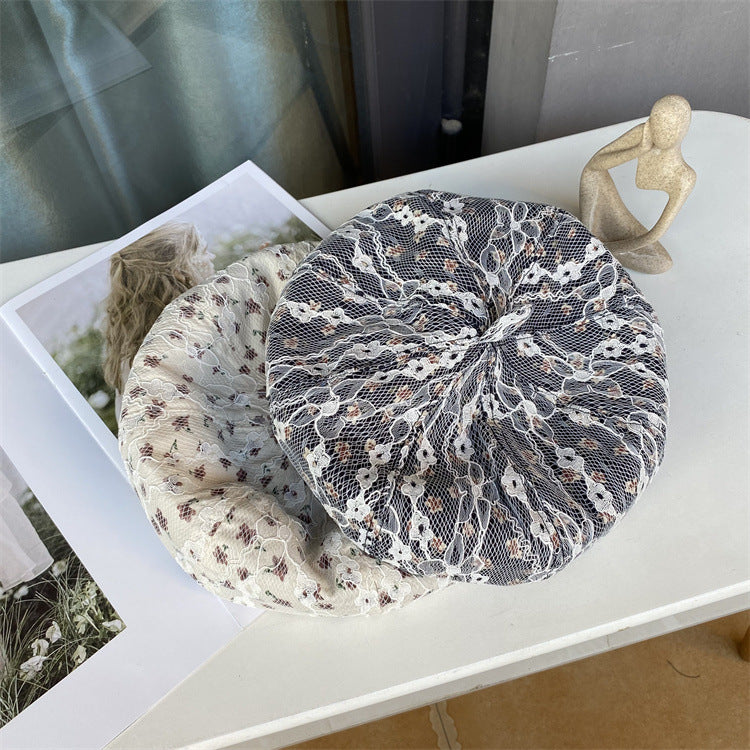 Lace flower embroidery beret spring and autumn careful machine lining ladies sweet pumpkin hat face painter hat