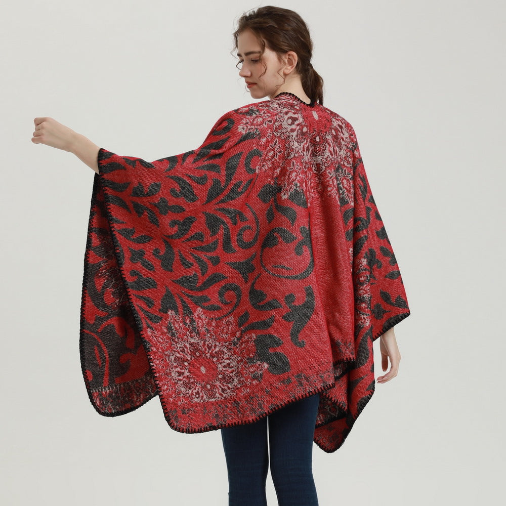 Autumn and Winter Scarf Shawl Retro Elegant Datura Flower Cashmere Split Cape Warm Blanket Wrap