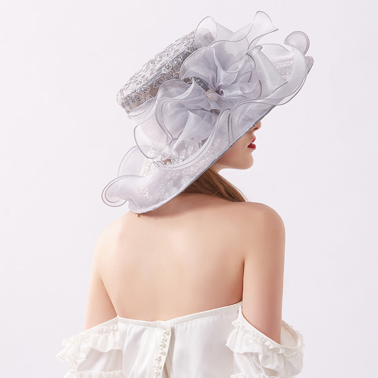 Big brim organza cool hat hot drill flower sun hat women's summer seaside sun protection hat