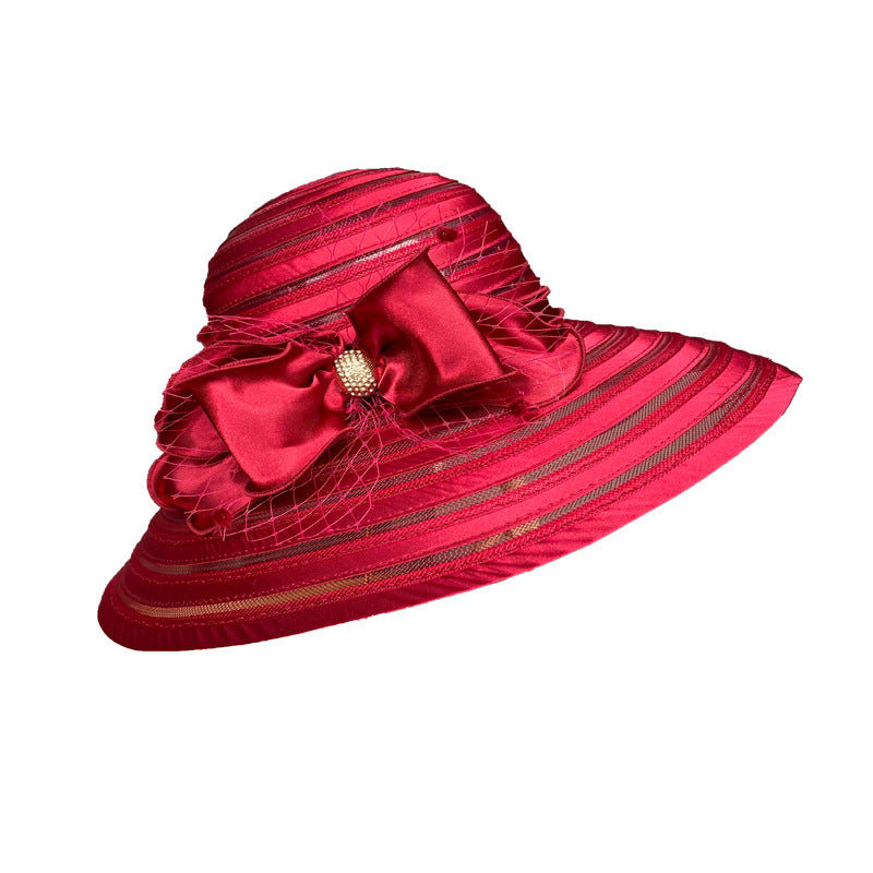 Ladies Top Hat with Diamond Buckle Bow Mesh Sun Hat Summer Sun Hat