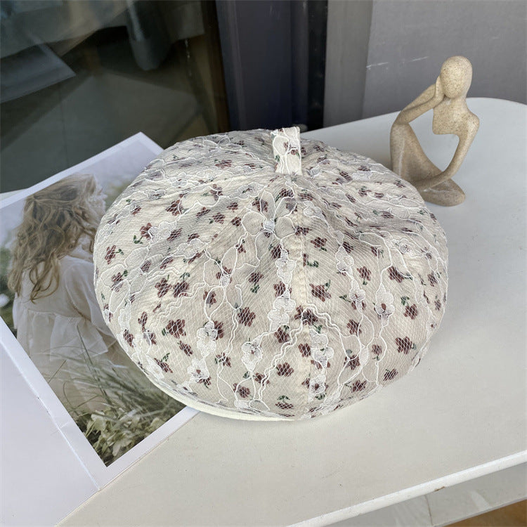 Lace flower embroidery beret spring and autumn careful machine lining ladies sweet pumpkin hat face painter hat