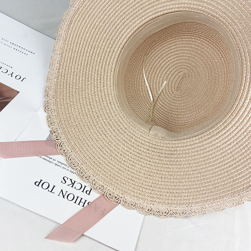 Summer Ladies Big Brim Lace Hat Sunshade Sunscreen Beach Hat Straw Hat Bow