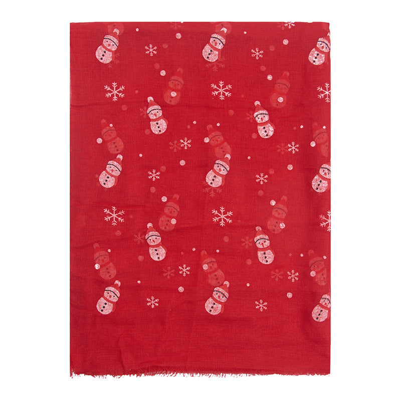Ladies Christmas Snowman Print Scarf Comfortable Warm Cotton Long Scarf Shawl Polyester Print Scarf