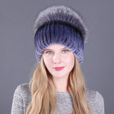 Women's autumn and winter Rex rabbit fur warm flower hat thickened ear protection elastic hat