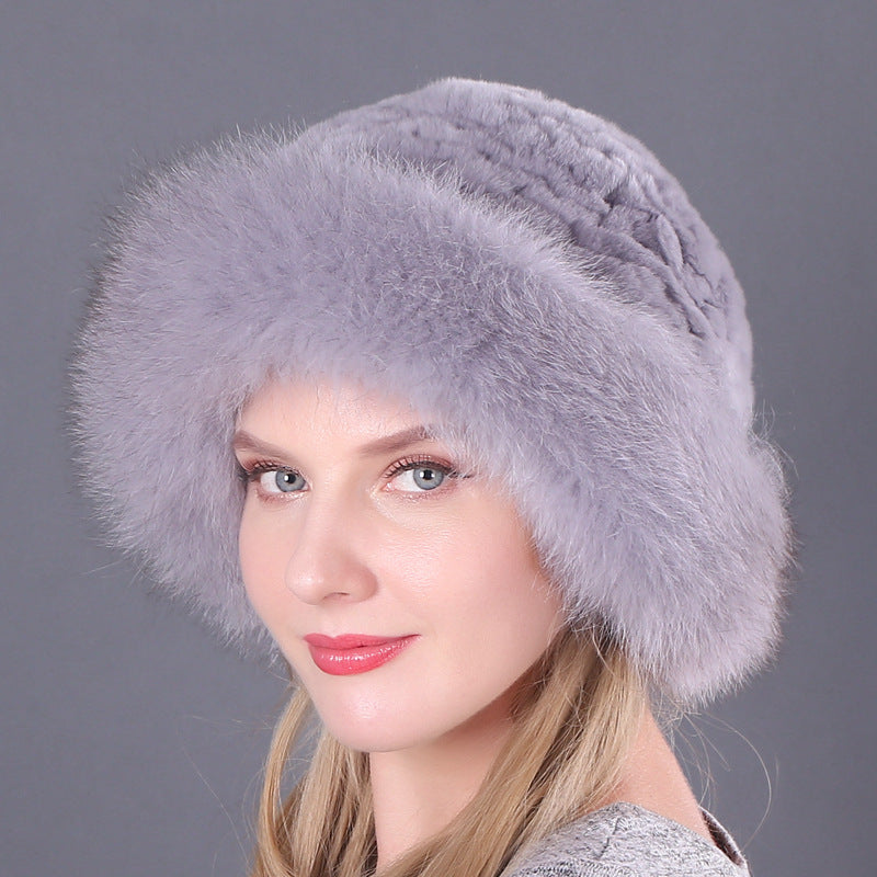 Winter warm fox fur hat Rex rabbit fur knitted hat with fox brim
