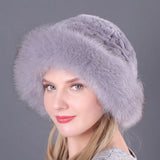 Winter warm fox fur hat Rex rabbit fur knitted hat with fox brim
