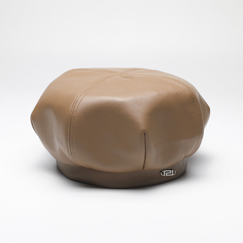 Black beret female PU leather hat design sense octagonal painter hat