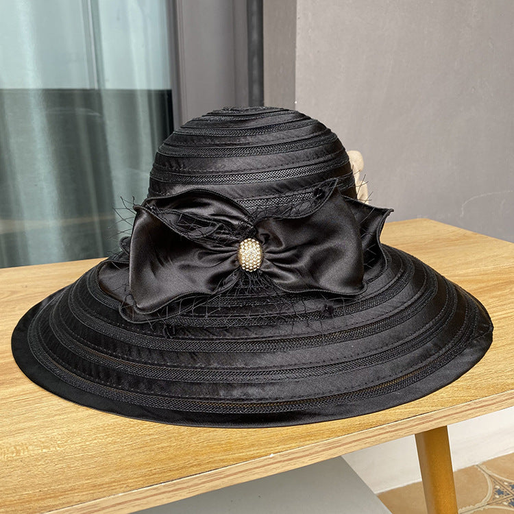 Ladies Top Hat with Diamond Buckle Bow Mesh Sun Hat Summer Sun Hat