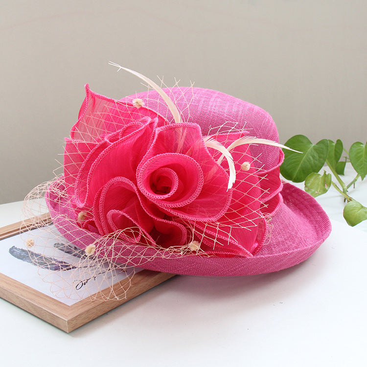 European and American temperament flax flower elegant banquet hat solid color curled sun hat women outdoor sun hat