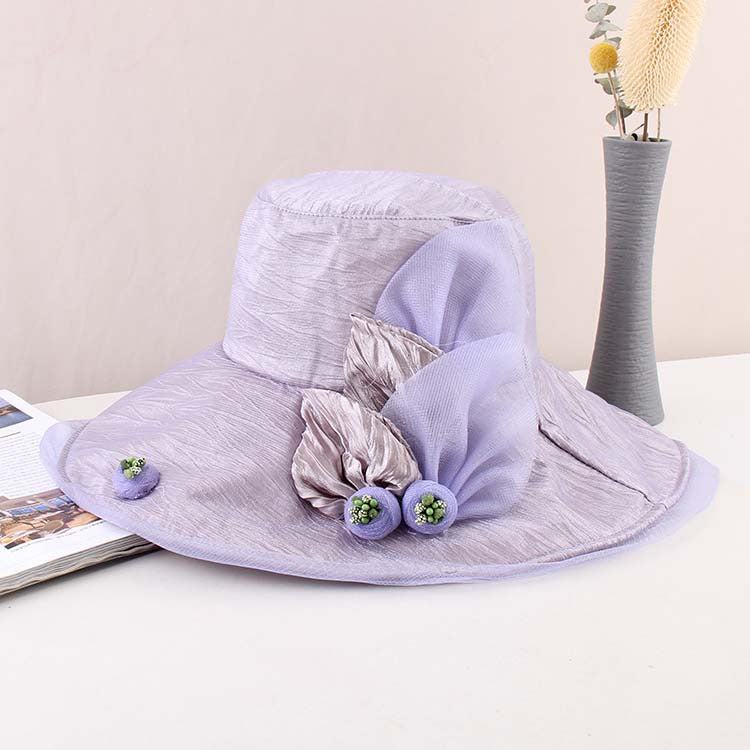 Women's summer mesh flower organza fisherman hat large brim sunscreen hat dome pot hat sun hat