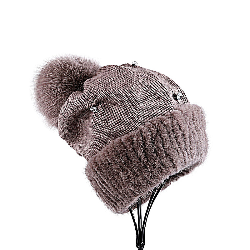 Mink fur hat women's autumn and winter fox fur ball knitted wool hat warm thickened earmuffs fur hat