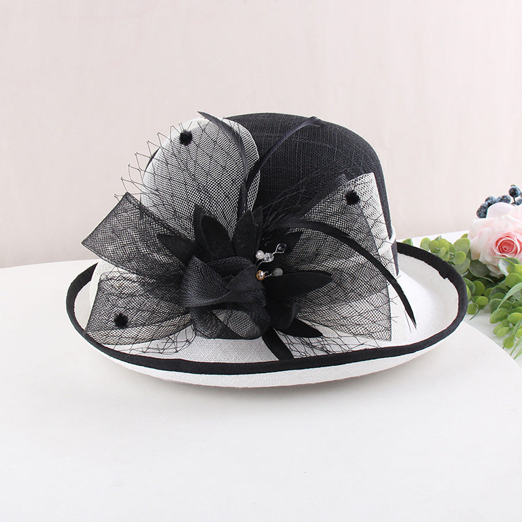 Ladies Hepburn Black & White Curly Top Hat Linen Elegant Flowers Fashion Hat Summer Sunscreen Visor 2 Pack