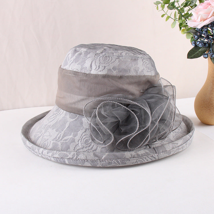 Ladies Eugen Mesh Flower Top Hat Summer Mom Shade Foldable Sunscreen Flanging Pot Hat
