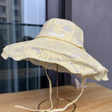 Ladies Spring Summer Beach Sweet Lace Strap Sun Hat Thin Cut Hollow Breathable Sun Hat