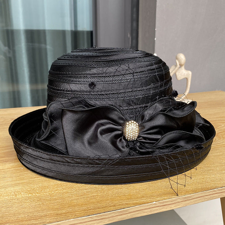 Fashion Mesh Roll Top Hat Ladies Elegant Bow Sun Hat Summer Beach Vacation Sun Hat