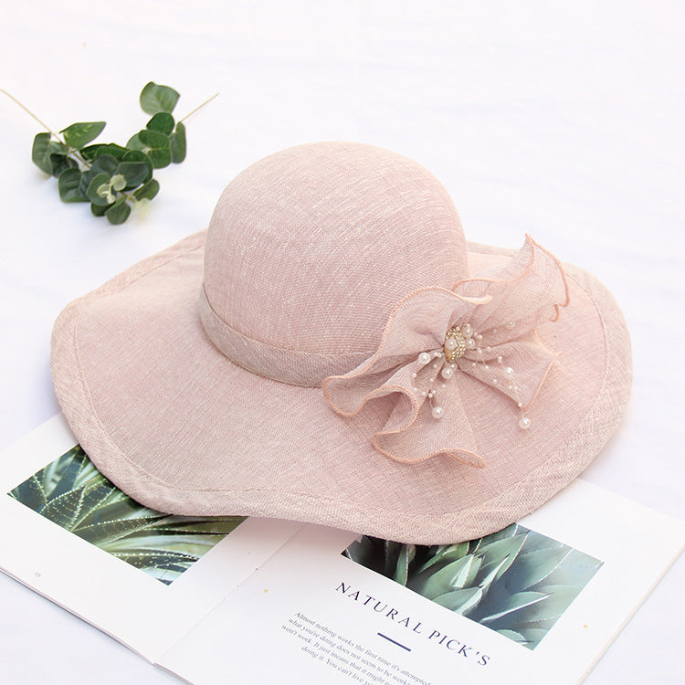 Women's summer big brim sunscreen sun hat flower rhinestone sun hat seaside cotton and linen beach hat