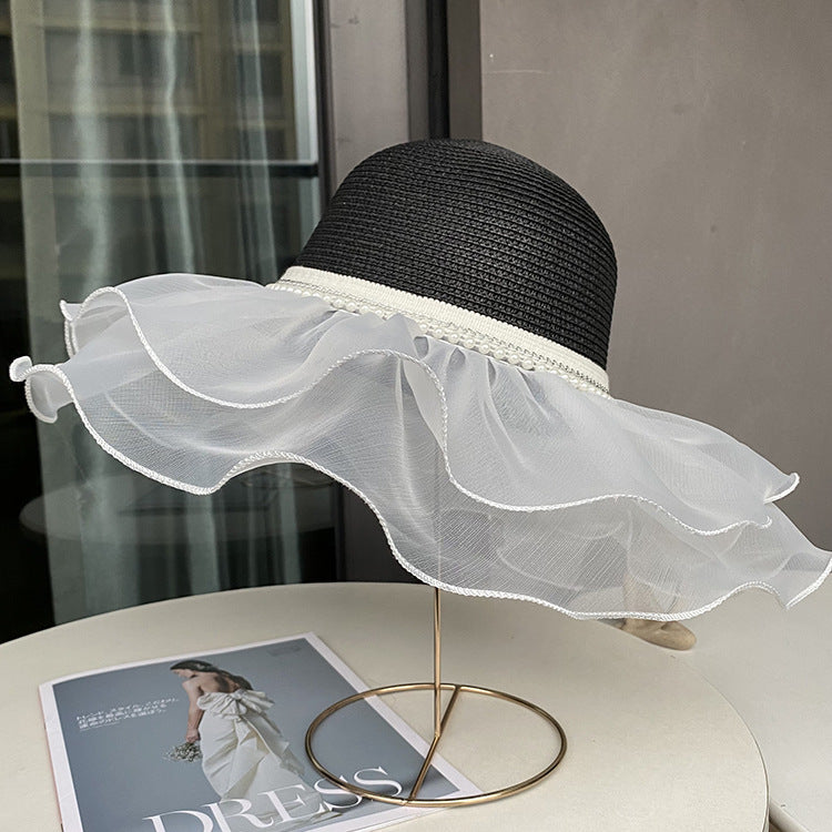 Sisters Hepburn Beach Hat Women's Summer Outdoor Sun Hat Wave Straw Hat Lace Trim Pearl Sun Hat