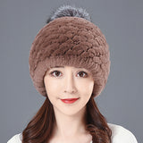 Women's Winter Rex Rabbit Fur Ball Thickened Warm All-match Ear Protection Knitted Wool Cap