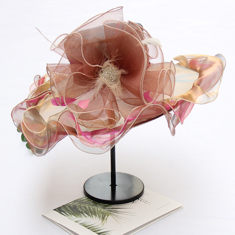 Texture organza sun protection sun hat fashion crystal flower fashion hat women summer