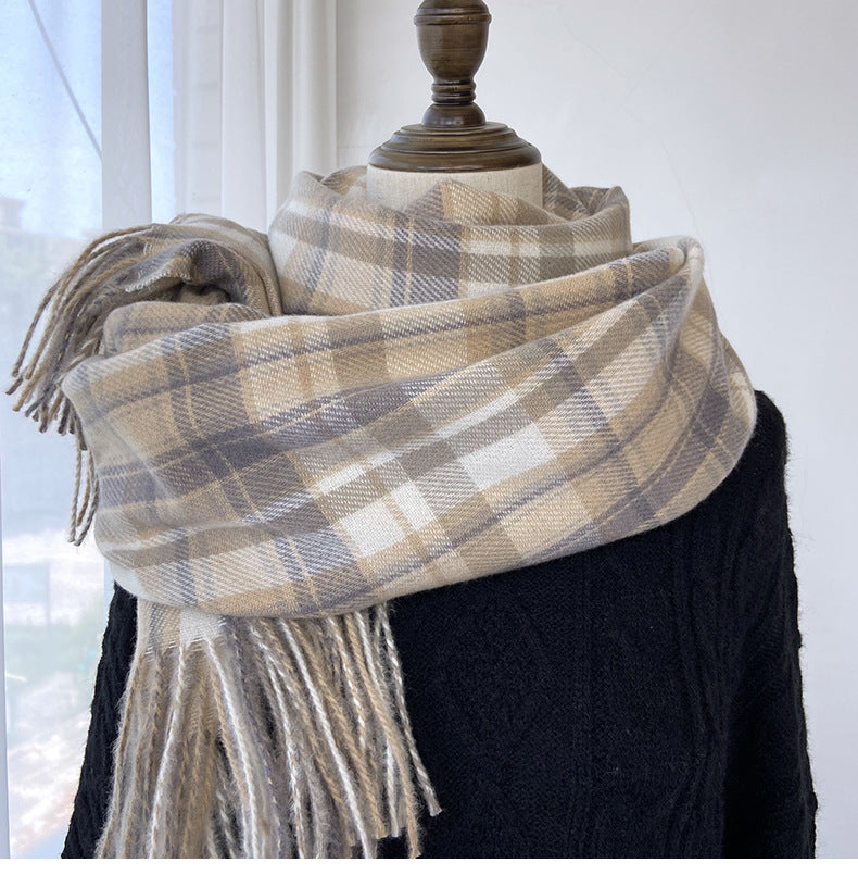 Plaid scarf women's autumn and winter fashion warm imitation cashmere scarf mid-length fringed shawl