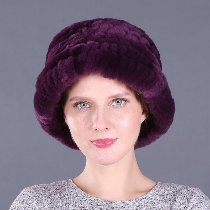 Rex rabbit fur hat women's autumn and winter trendy wool knitted curling hat dome small hat ear protection warm hat