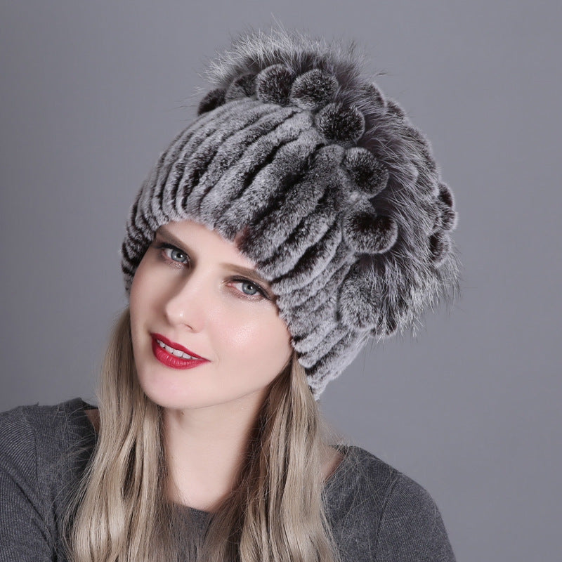 Women's winter warm fashion thickened wool hat Rex rabbit fur hat knitted with side flower hat