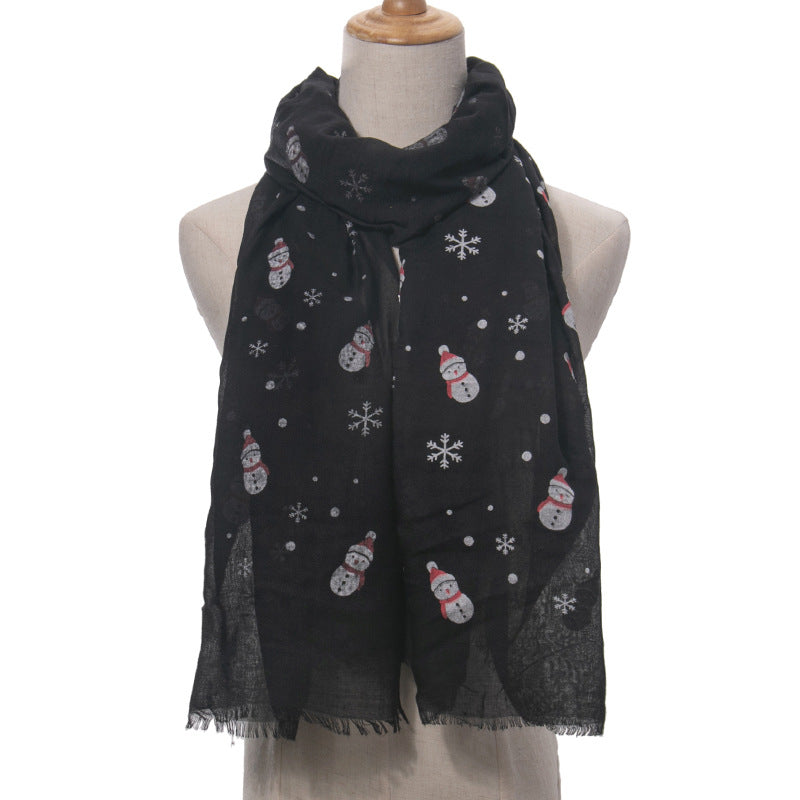 Ladies Christmas Snowman Print Scarf Comfortable Warm Cotton Long Scarf Shawl Polyester Print Scarf