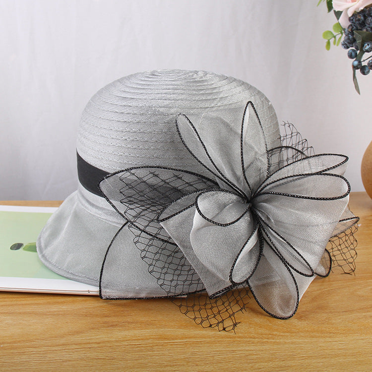 Mesh flower hat ladies fashion wild organza small pot hat summer sunscreen hat