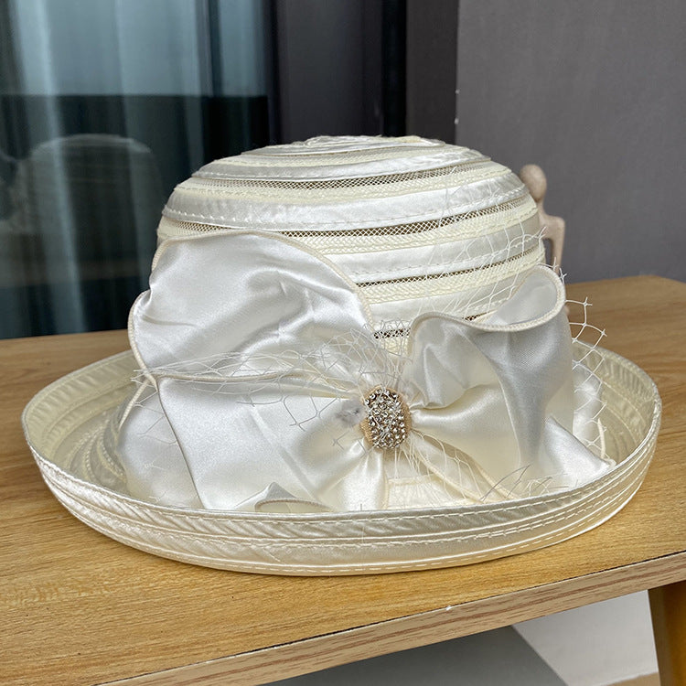 Fashion Mesh Roll Top Hat Ladies Elegant Bow Sun Hat Summer Beach Vacation Sun Hat