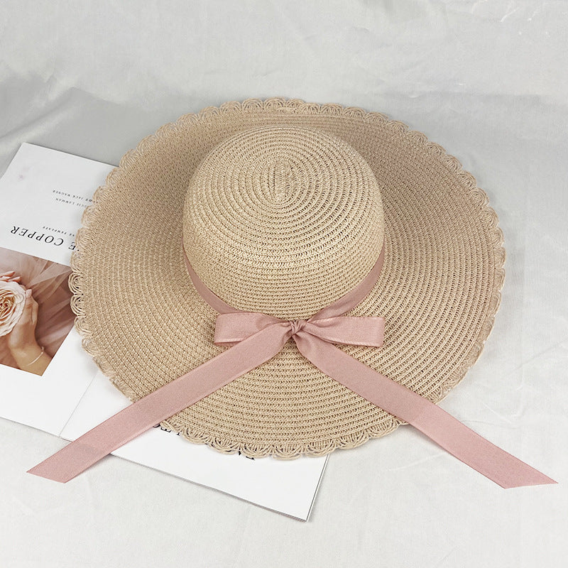 Summer Ladies Big Brim Lace Hat Sunshade Sunscreen Beach Hat Straw Hat Bow