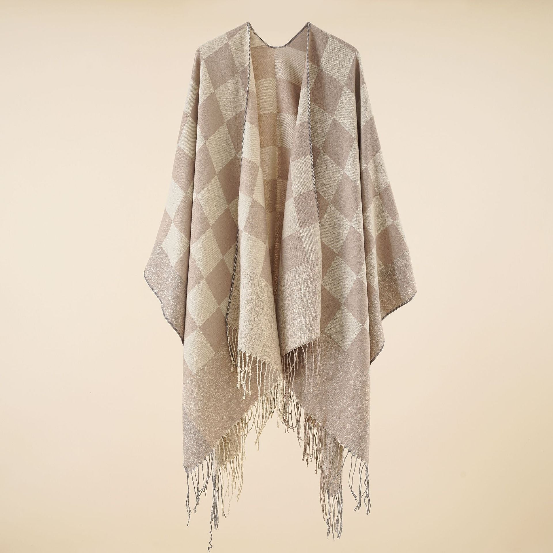 Women's cape, warm in autumn and winter, fashionable plaid tassels, simple