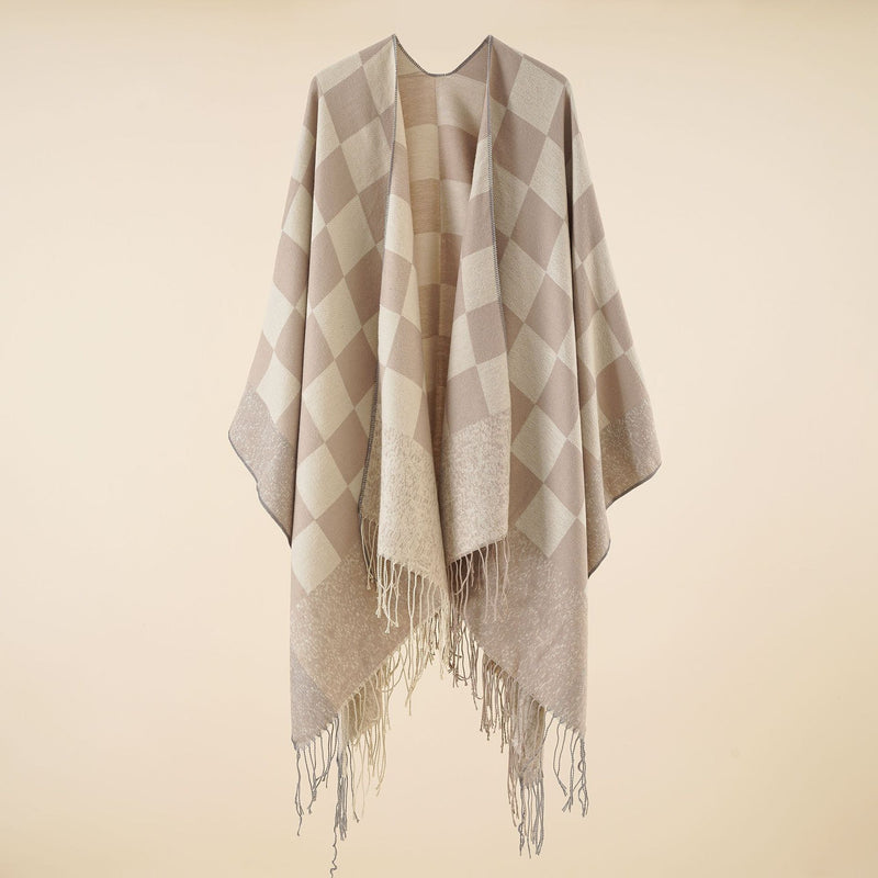 Women's cape, warm in autumn and winter, fashionable plaid tassels, simple