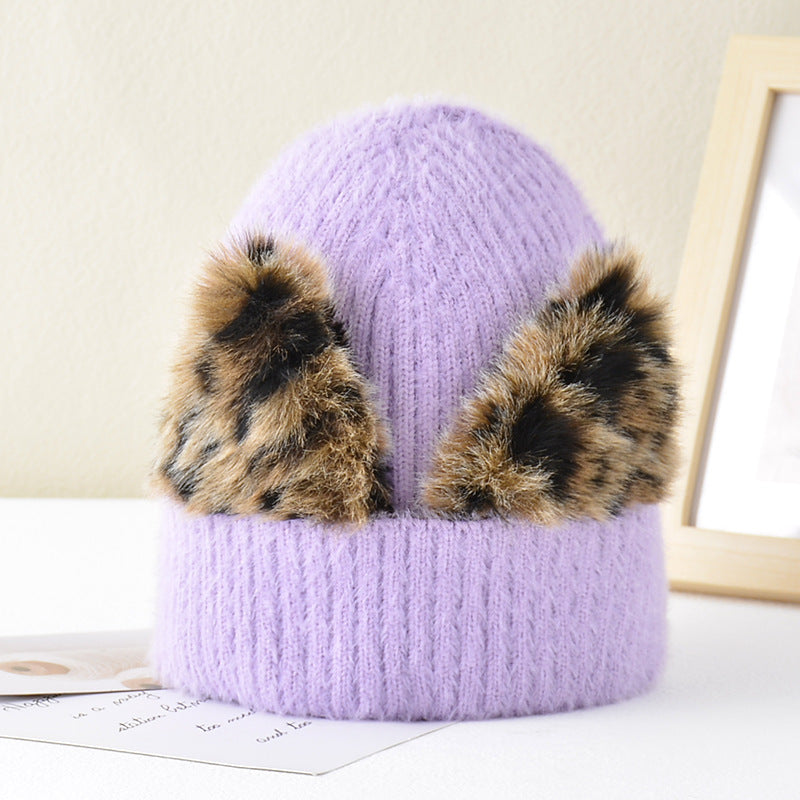 Women's autumn and winter wool cap leopard print cat ears hat elastic knitted ski cap