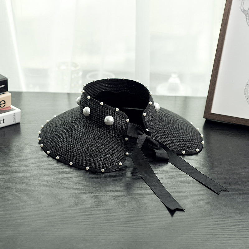 Spring and summer ladies vacation travel big pearl bow straw woven empty top hat UV protection beach hat