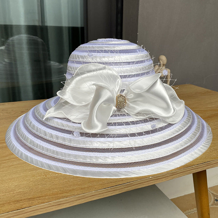 Ladies Top Hat with Diamond Buckle Bow Mesh Sun Hat Summer Sun Hat