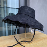 Ladies Spring Summer Beach Sweet Lace Strap Sun Hat Thin Cut Hollow Breathable Sun Hat