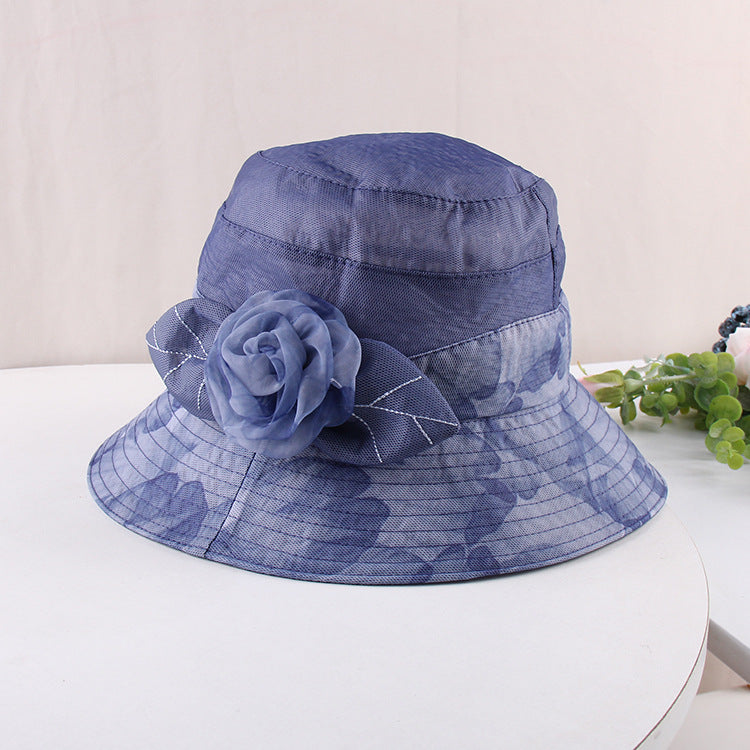 Organza flower print pot hat ladies summer thin breathable sun hat casual foldable