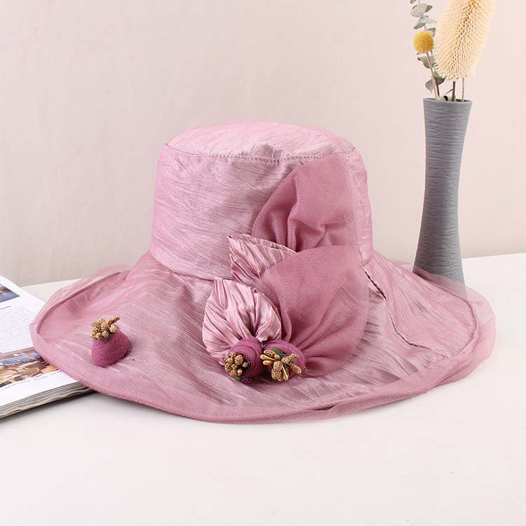 Women's summer mesh flower organza fisherman hat large brim sunscreen hat dome pot hat sun hat