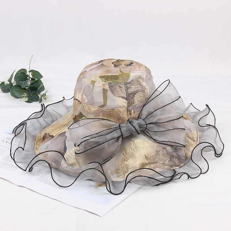 Women's spring and summer big brim hat sunscreen fashion mesh bow sun hat outdoor foldable cool hat